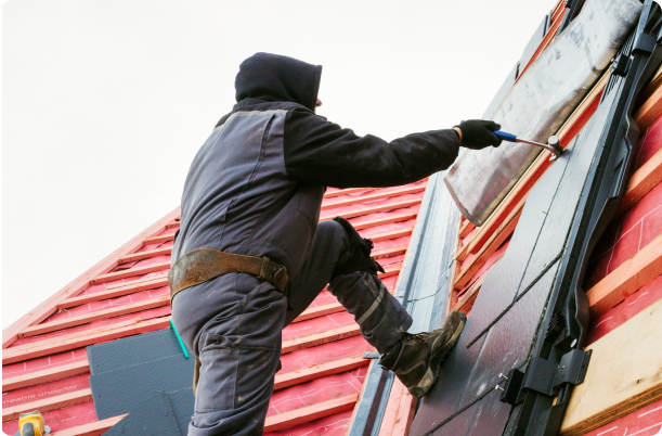 Roofing team working on a project
